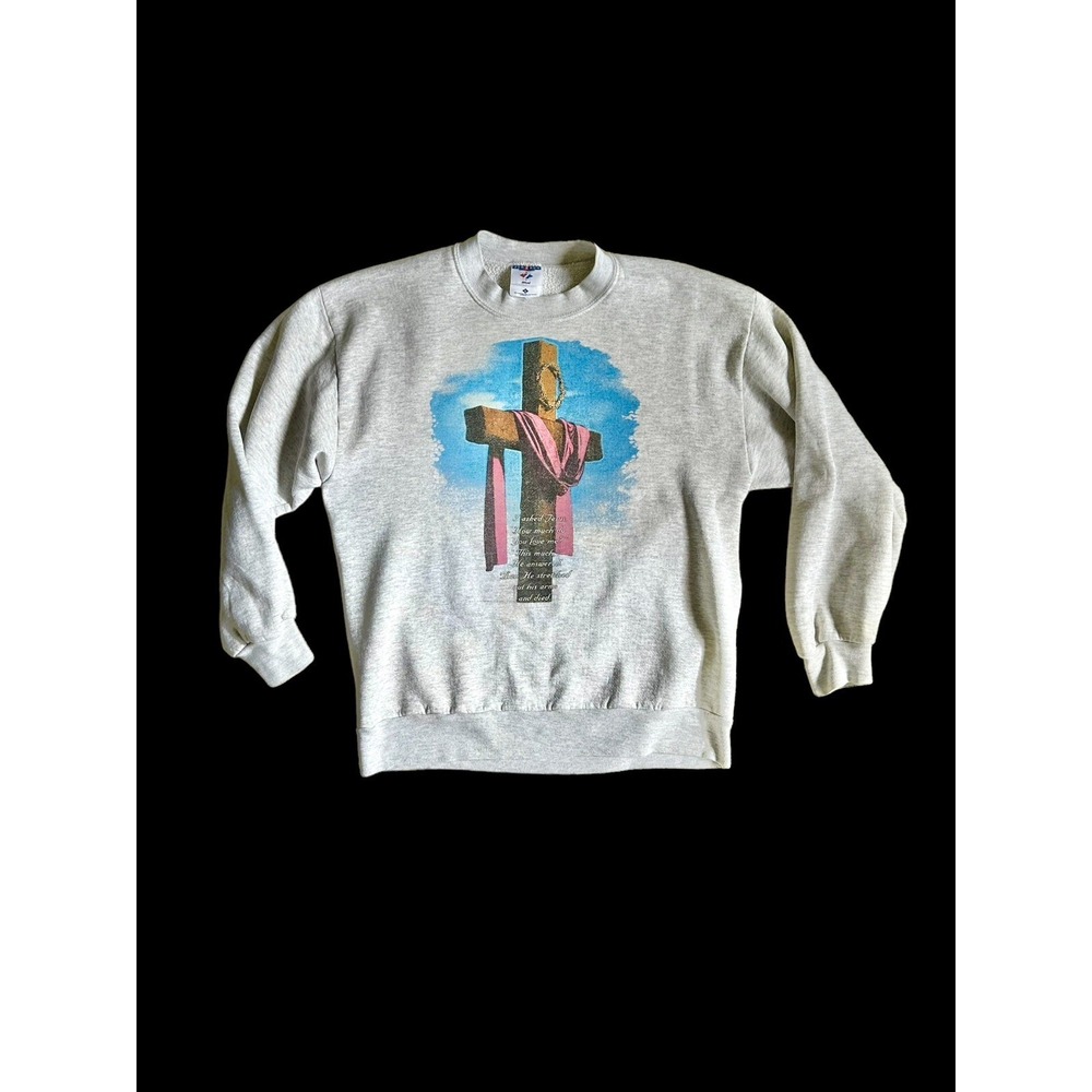 Vintage Cross Sweatshirt Adult Large Grey Religion God Jesus Christ Crewneck 80s